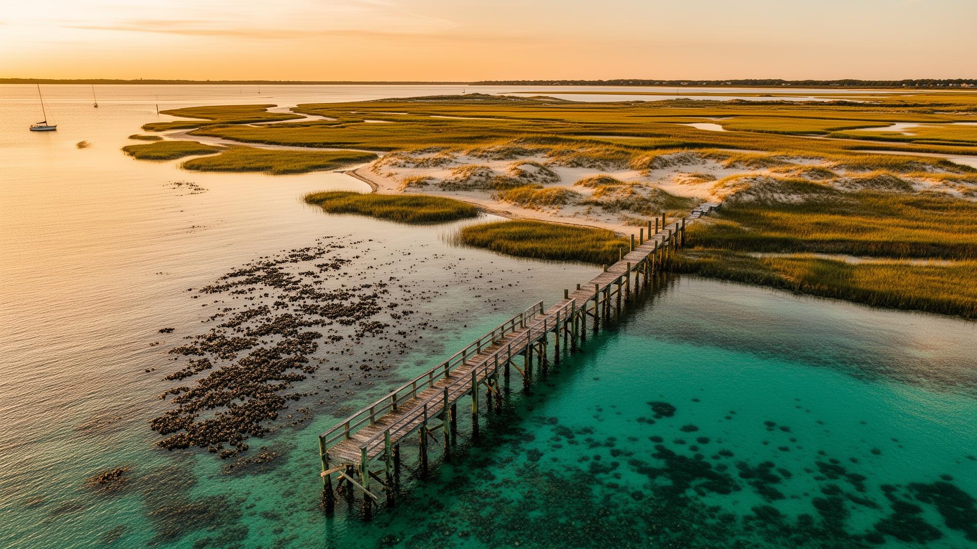 Aerial view of Long Island shoreline with oyster beds and weathered dock at golden hour